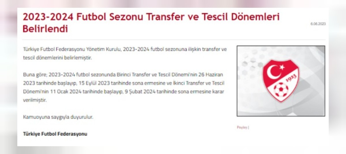 TFF duyurdu: Transfer süreci 26 Haziran günü başlıyor